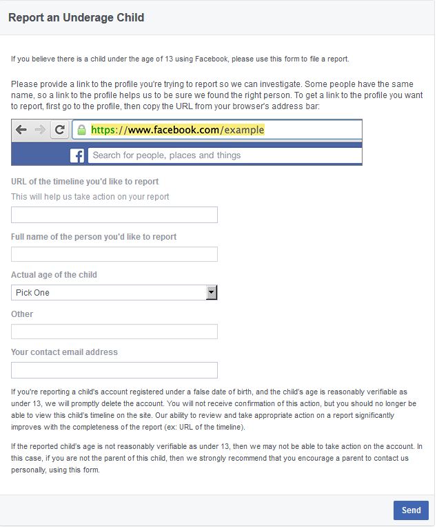 Facebook encourages users to report accounts who reasonably seem under 13.