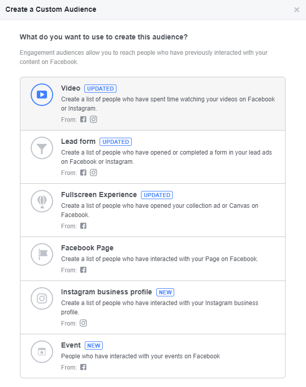 Here’s a list of possible engagements that you can target in Facebook Retargeting