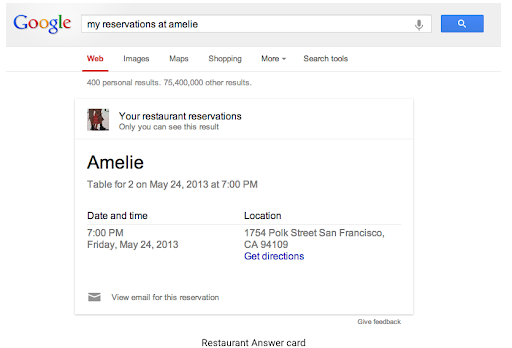 Restaurant answer card from Google search "my reservation at amelie"
