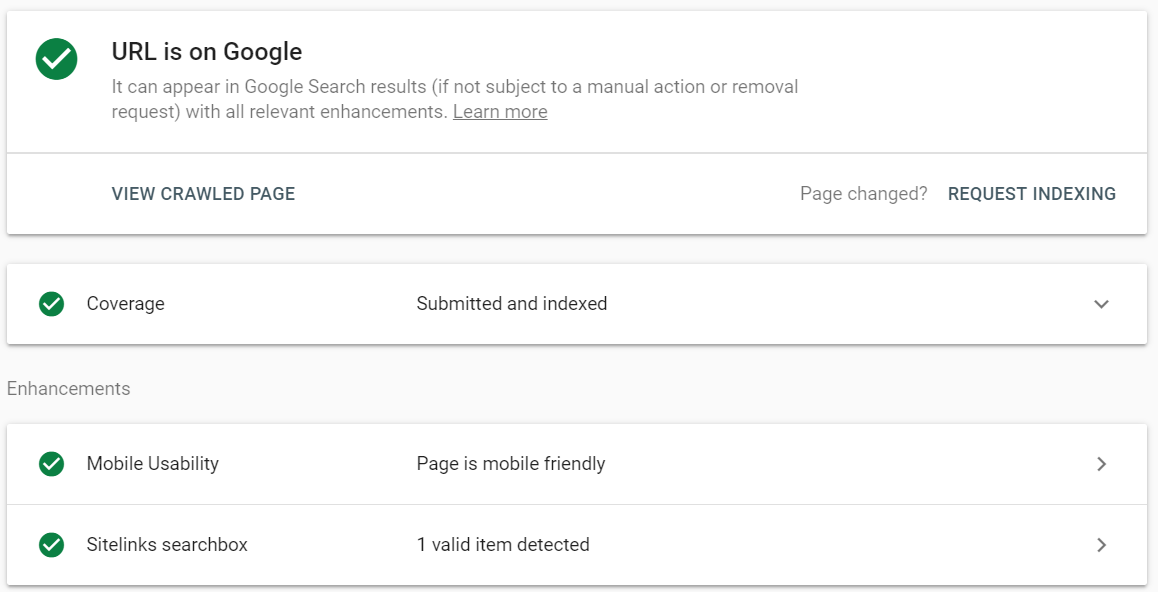 URL Inspection report in Google Search Console