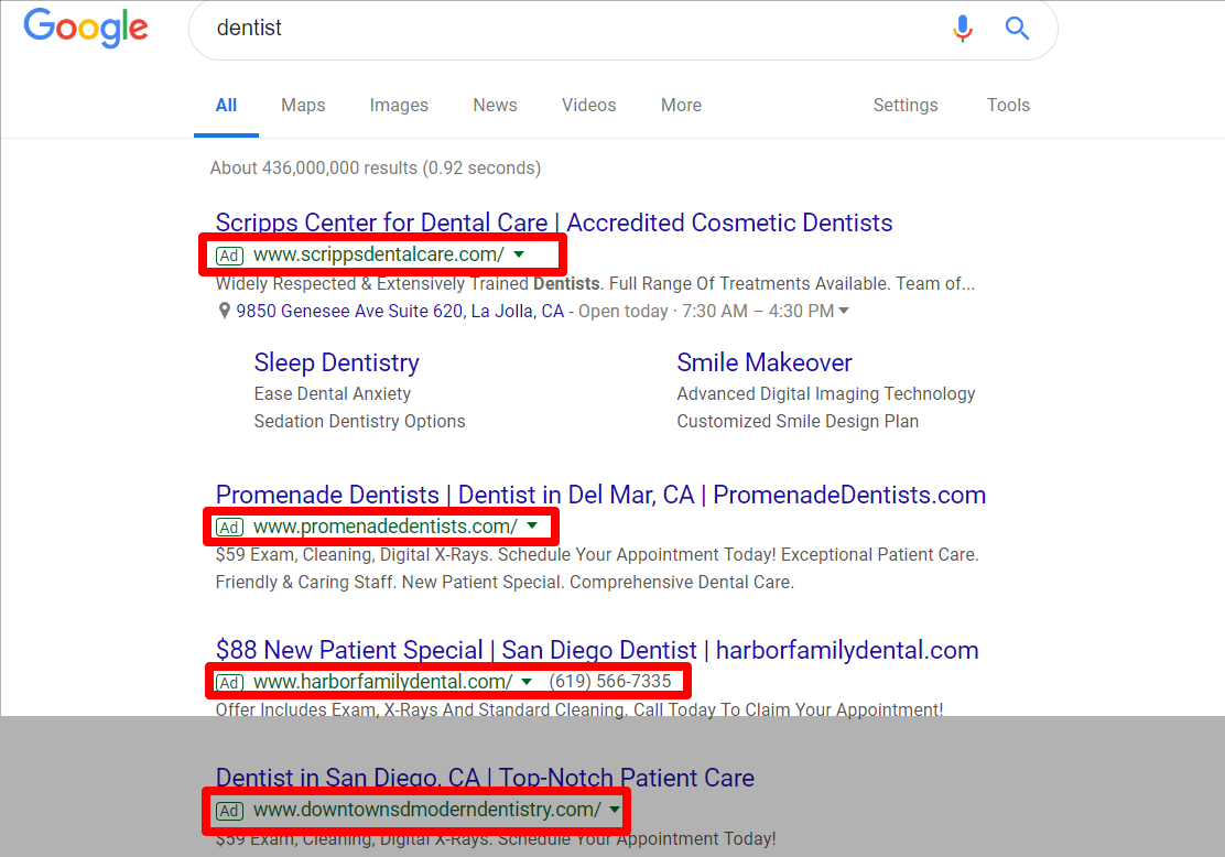 Google ads generally appear at the top of the search results