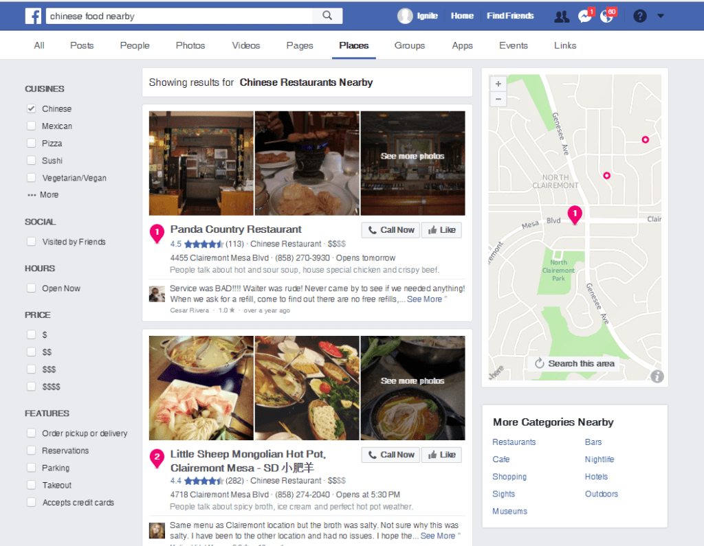 facebook search for restaurants