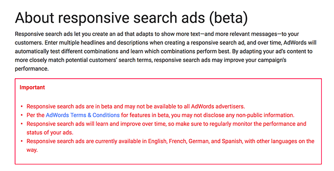 Responsive search ads are still in beta