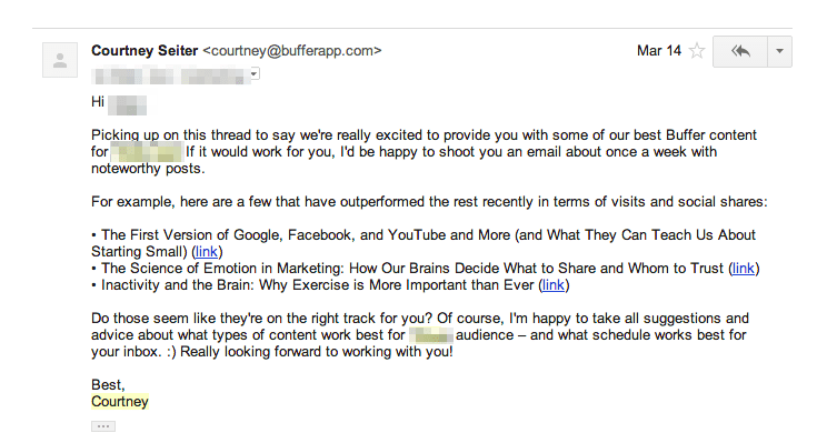 Buffer's content syndication outreach email