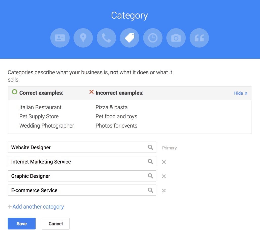 Select a category for your Google My Business page