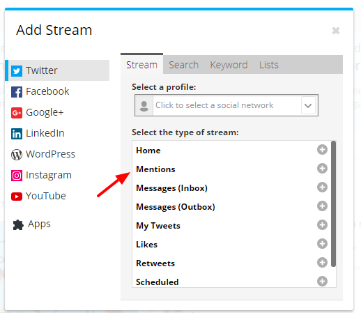 Add a mention stream to Hootsuite for social listening