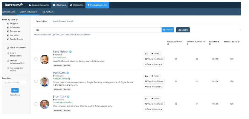 Use tools like Buzzsumo to find influencers for blog writing outreach