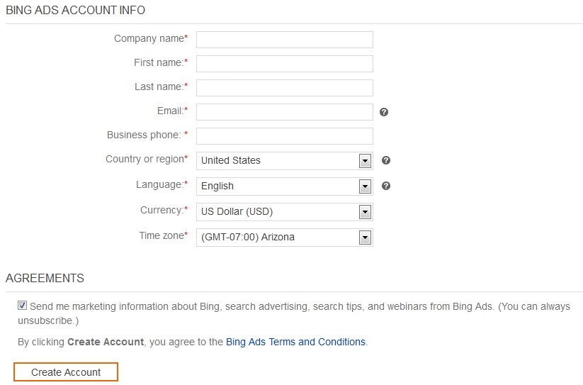 Fill out the necessary information to create your Bing ads account