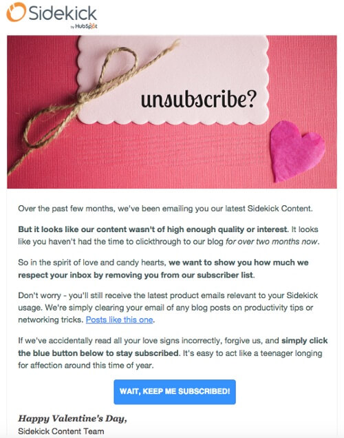 Email marketing automation: re-engagement email example from Sidekick