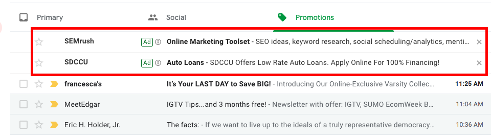 Gmail ads appear at the top of user's inbox
