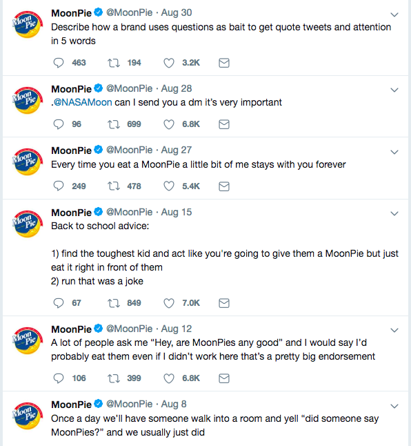 Be authentic to build brand trust. Example: Moonpie's Twitter