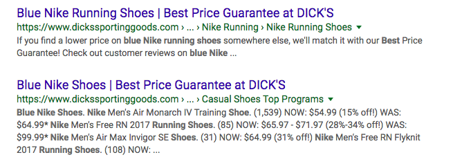 Dynamic SEO applied on Dick's Sporting Goods website
