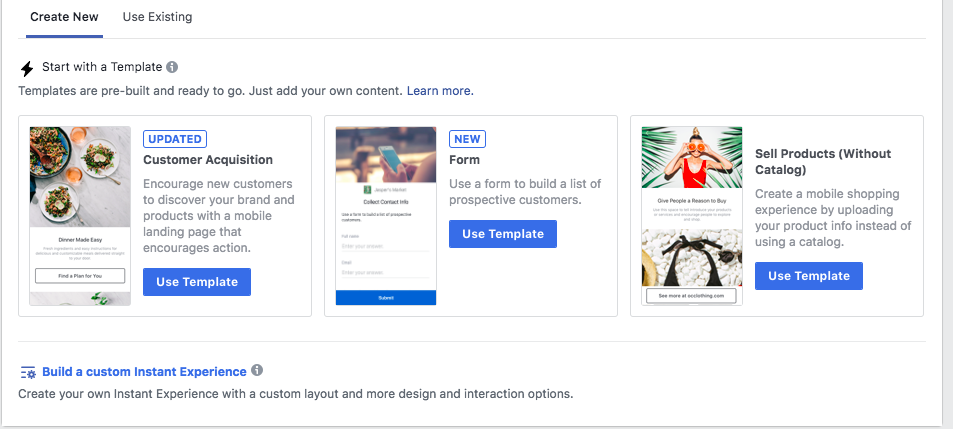 Facebook Instant Experiences: Choose your template