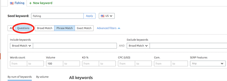 Keyword Magic Tool: filter by questions