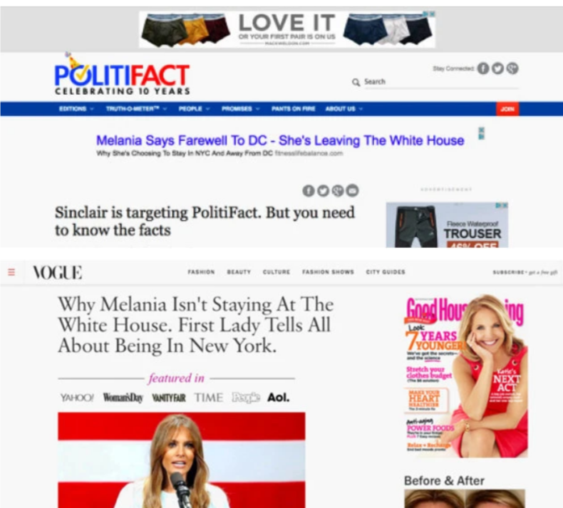 A programmatic ad served by Google appeared on the homepage of Politifact, linking to a fake Vogue page