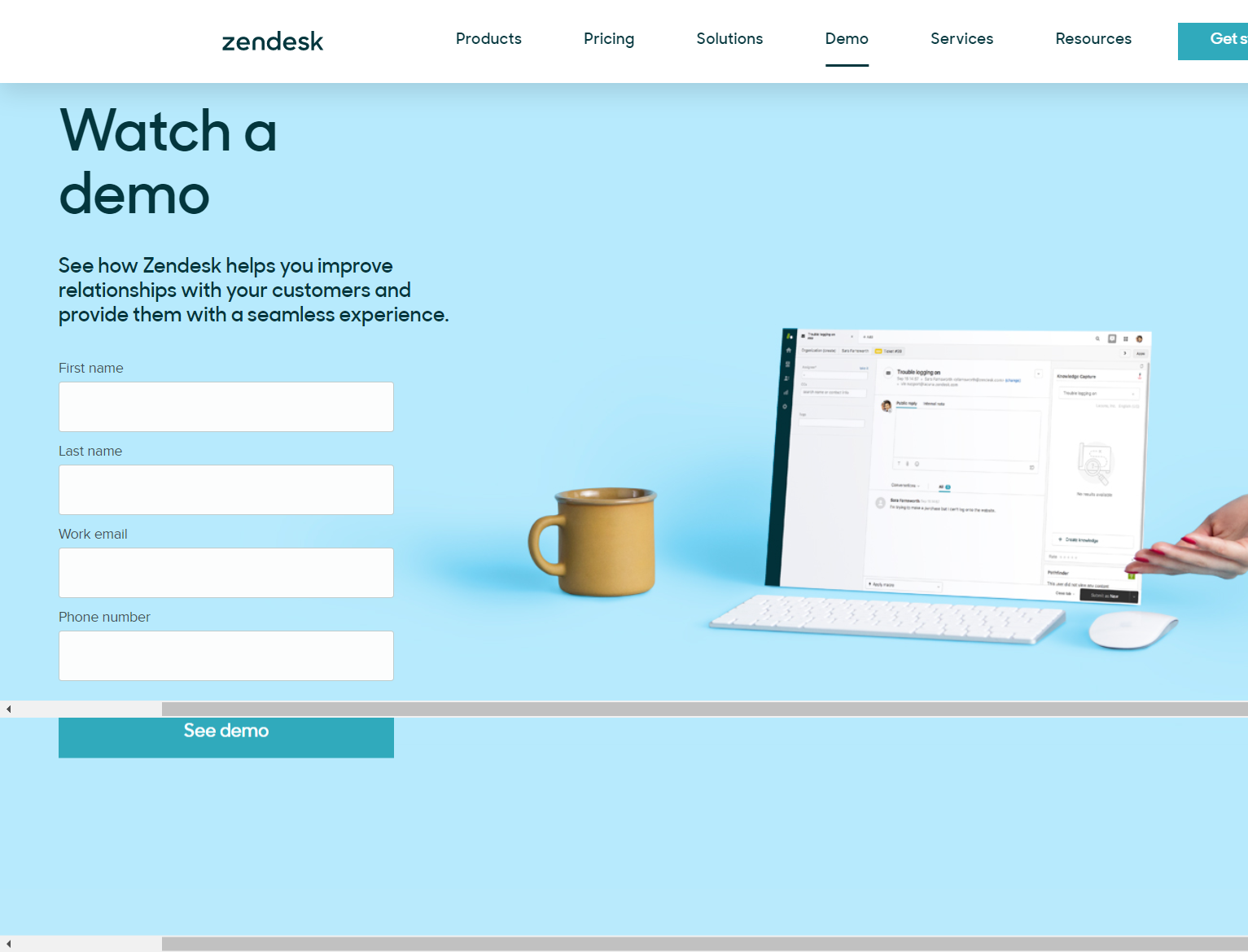 A high converting landing page keeps things simple, like this example from Zendesk