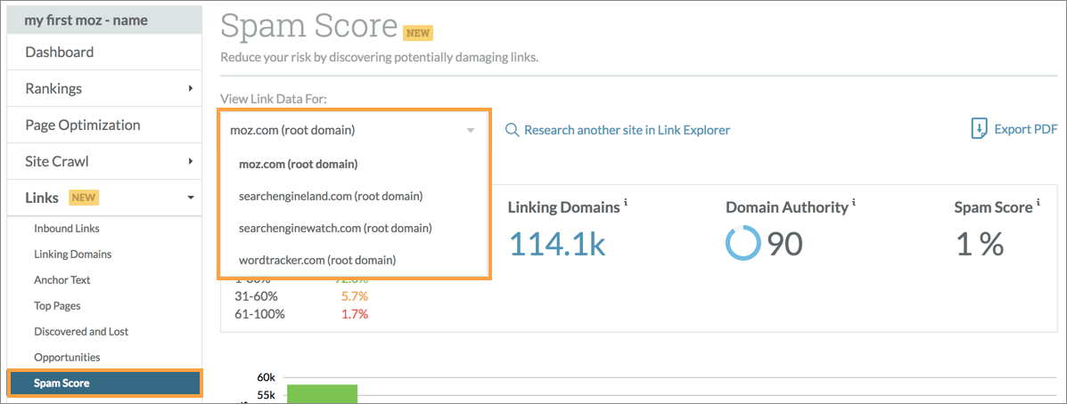 Moz helps identify bad links, returning information like a site's Spam Score and Domain Authority