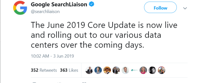 The June 2019 Core Update is live, as confirmed by Google