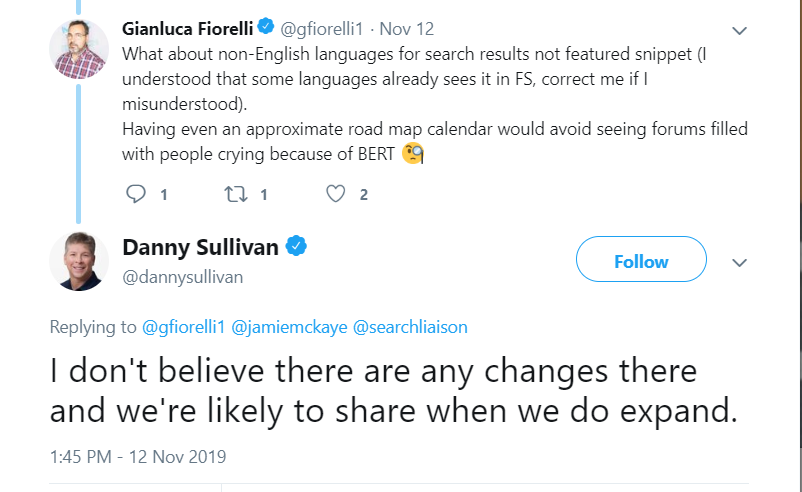 Danny Sullivan tweet on BERT and Google update