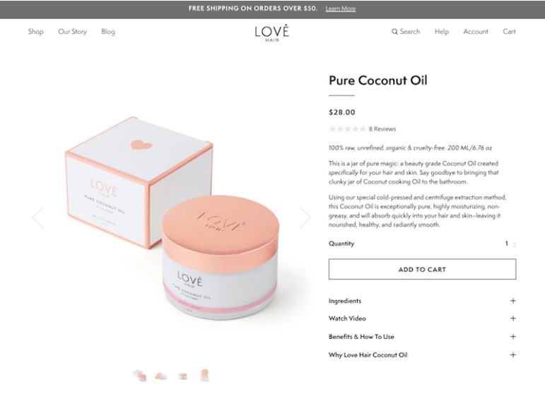 Ecommerce product page of Love Hair which has SEO optimized content