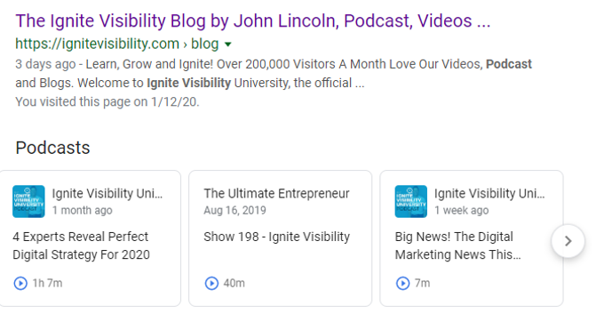 Podcasts often appear as snippets at the top of the search results