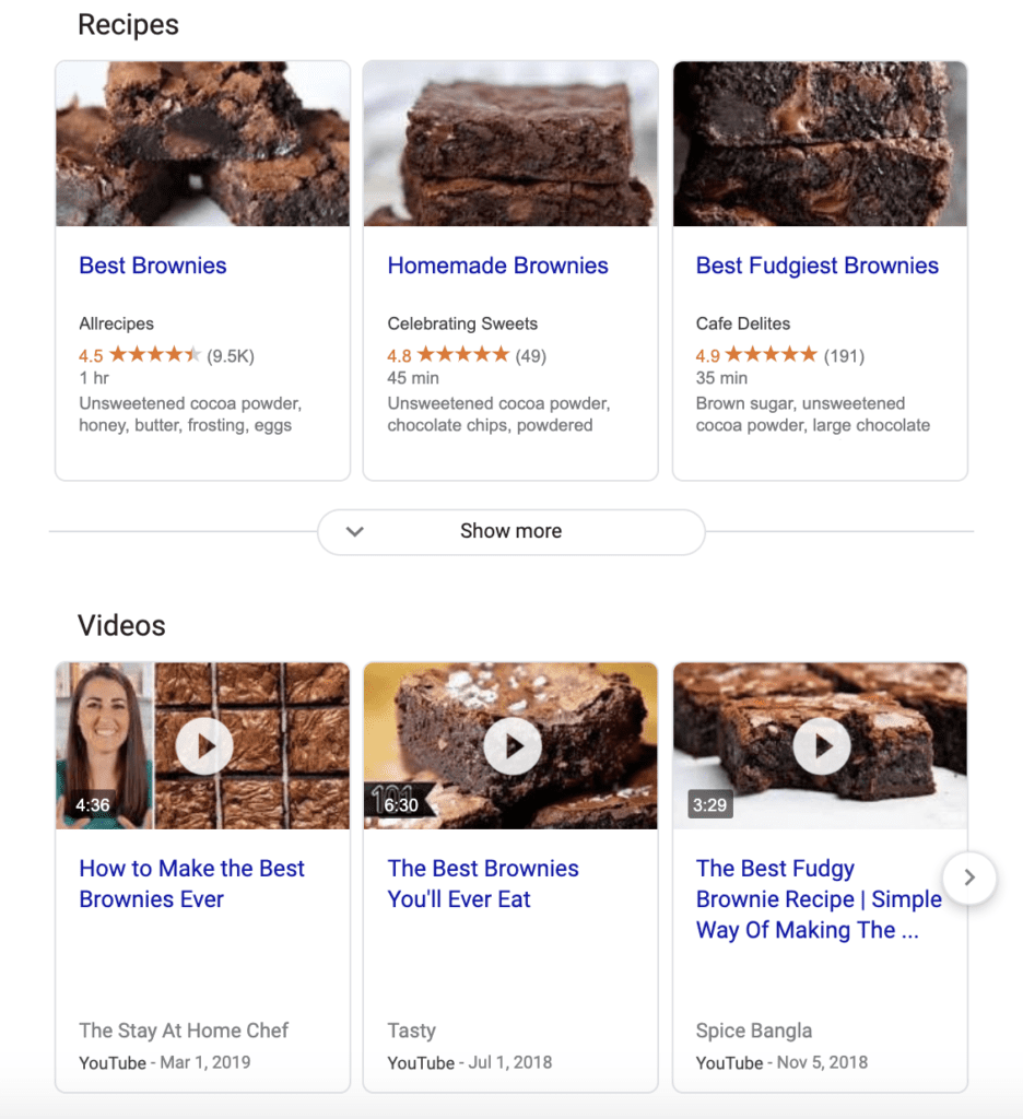 Search engine result featured snippet for brownie recipes