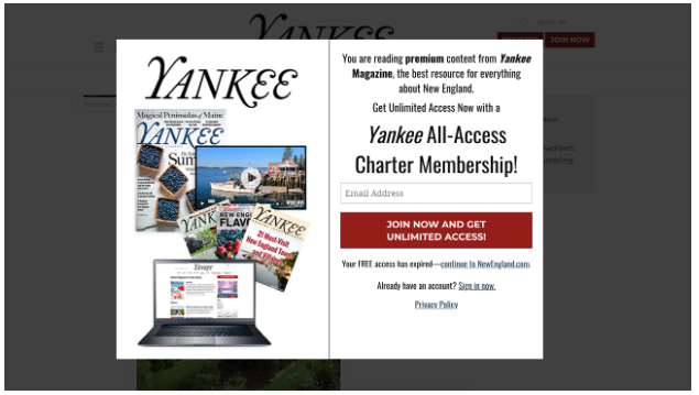 Yankee’s metered paywall allows three free premium articles per month, and each time you visit an article