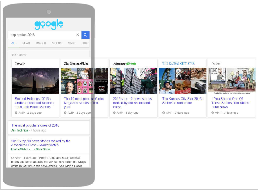 An example of an AMP carousel. Here is how the accelerated pages appear above standard pages