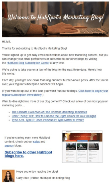 example from HubSpot used to welcome new subscribers to the blog.