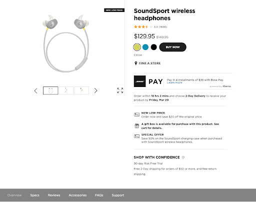 Example of Bose ecommerce page, utilizing white space