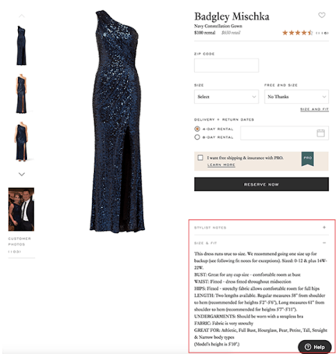 Screenshot of Rent the Runway product page, using specs to give customers more info on the fit of the product