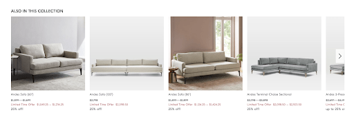 An example of how West Elm links to similar products on their ecommerce pages to direct buyers to explore more and still convert.