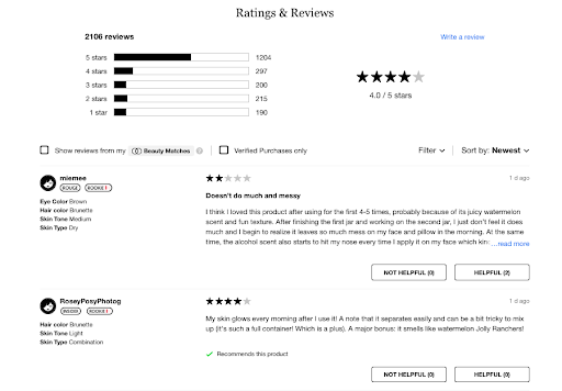 A screenshot of Sephora's review section