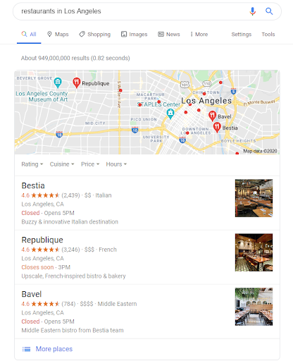 Example of a local listing search for "restaurants in Los Angeles"