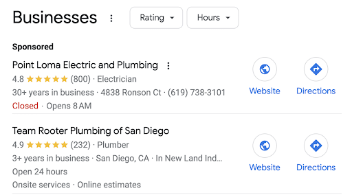 Example of paid Google Business Profile local business listing vs. organic Google Business Profile