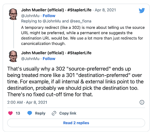 Tweets from John Mueller’s Twitter feed regarding how Google looks at 302 v. 301 redirects