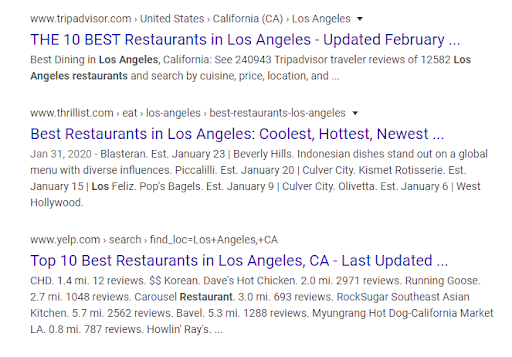 Local business listing search for "10 Best Restaurants in Los Angeles"