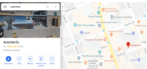 Screenshot of the Google map listing of Autoverify business