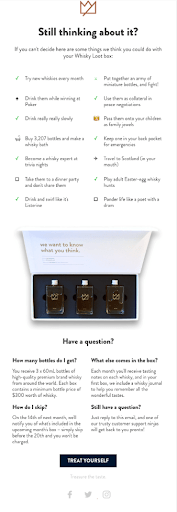 An example of Whiskey Loot's abandoned cart email drip campaign page