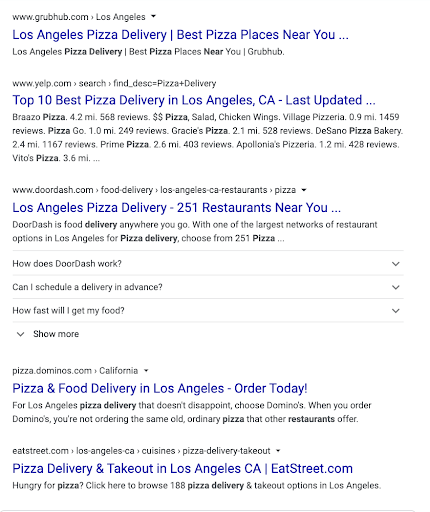 Screenshot of the search results for "los angeles pizza delivery"