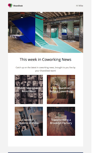 ShareDesk coworking space landing page that speaks to recipients in the consideration sales cycle stage