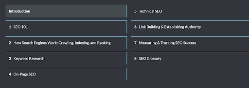 Moz's beginner guide to SEO page section menu