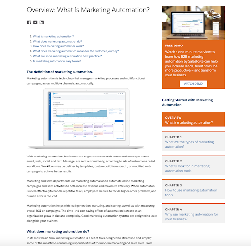 Salesforce’s pillar page for What is Marketing Automation