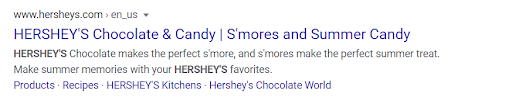 1 line sitelink example from a Hershey's google search