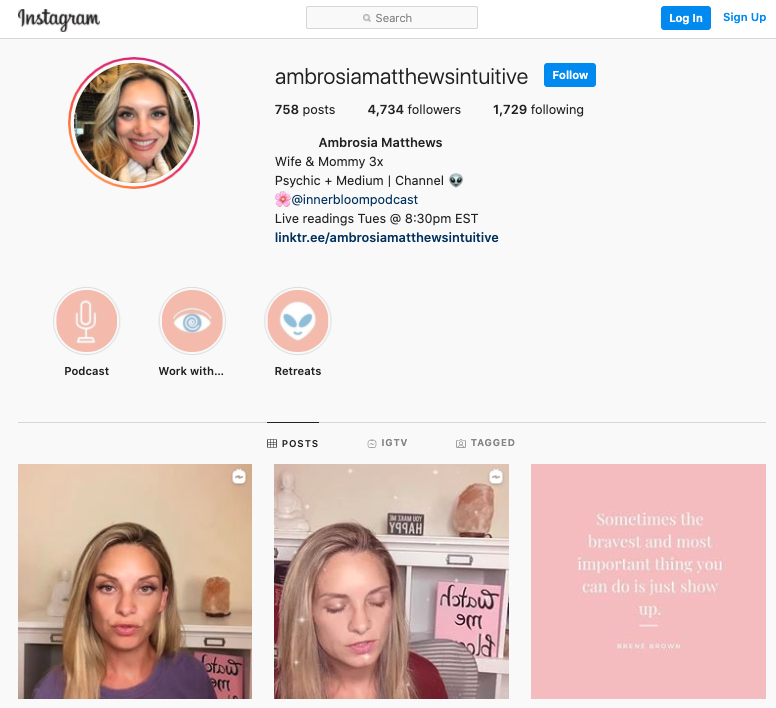 Ambrosia Matthews, psychic medium uses Instagram video as part of her marketing