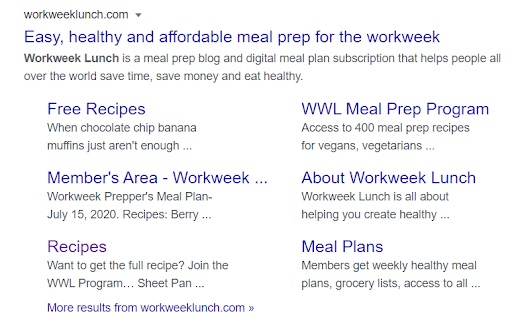 WWL Meal Prep Program google search result with sitelinks