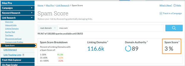 Example of Moz Spam Score Checker Results