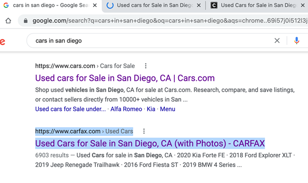 SEO Title Tag Example "Cars in San Diego"