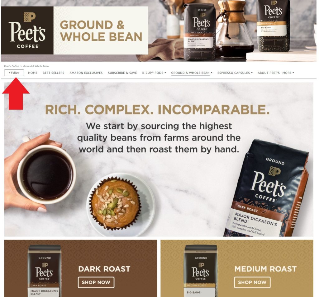 Example of Follow Button on Peet's Coffee Amazon Brand Page
