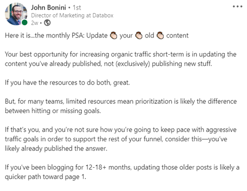 LinkedIn Post by John Bonini of Databox